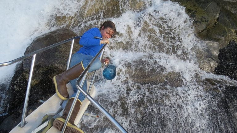 She got some glacier water without falling in.